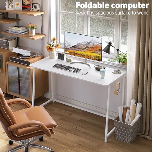 WOHOMO Folding Desk, 47.2" Foldable Computer Desk for Bedroom, Space Saving Computer Table Writing Workstation for Home Office, Easy Assembly, White