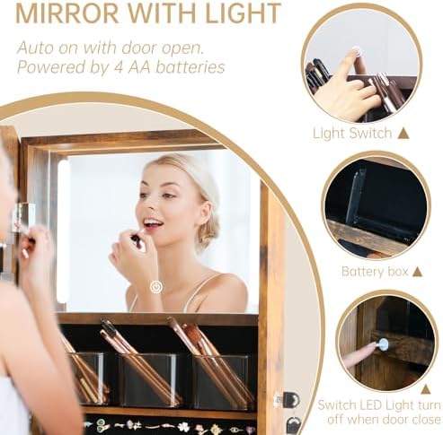 Arched Mirror Jewelry Armoire,3 Color LED Swivel Jewelry Storage Cabinet Interior LED Lights,Full Length Mirror Floor Standing Jewelry Organizer with Storage Shelves (Rustic Brown)