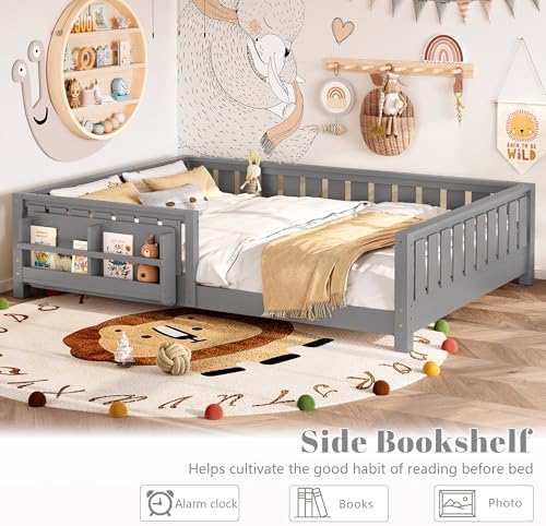 Bellemave Queen Size Floor Bed with Slats and Safety Guardrail, Queen Size Montessori Floor Bed with Fence and Built-in Bookshelf, Easy Assemble Montessori Beds for Girls, Boys, Gray