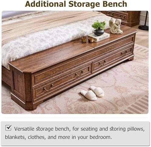 T4TREAM Farmhouse Queen Bed with Headboard and Storage Bench, Dark Brown