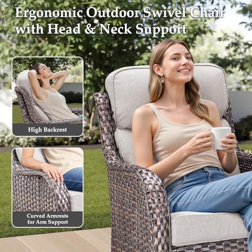 Luxury Outdoor Patio Furniture Set-Wicker High Backrest 3-Seat Patio Sofa with Comfy 6" Cushion, Rattan Couch with Deep Seat All-Weather Patio Conversation Set for Deck Backyard Garden(Brown/Beige)