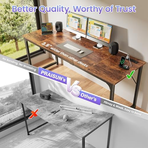 PRAISUN 70 X 24 Inch Computer Desk, Power Outlets, USB-C, Rustic Brown