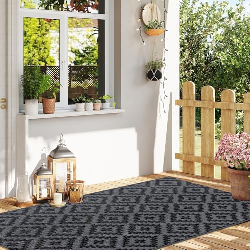 SAND MINE Waterproof Outdoor Rug, Plastic Reversible Rug, Modern Area Rug, Large Floor Mat for Outdoors, RV, Patio, Backyard, Deck, Picnic, Beach, Camping (3' x 5', Black Grey Lattice)