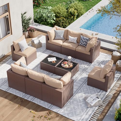 Aoxun 10 Piece Patio Furniture Set Wicker Rattan Patio Sectional Sofa Set Outdoor Seating Furniture with Thickened Cushion, Brown