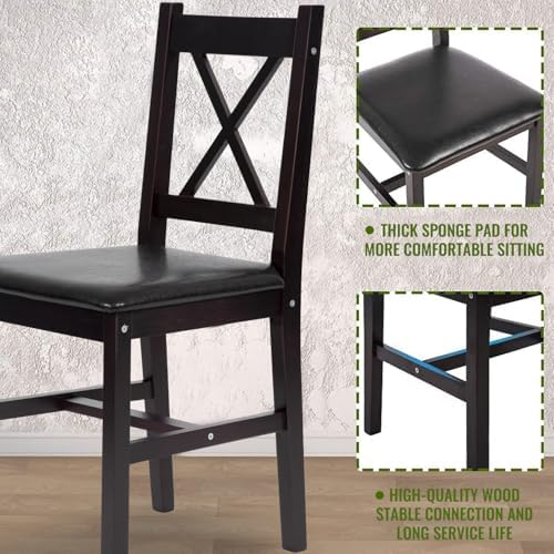 FDW | 3-Piece Solid Pine Wood Dining Table | Dark Brown | Kitchen Table