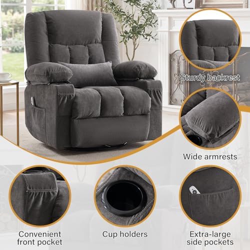 BOSMILLER Recliner Chair with Vibration Massage and Lumbar Heat for Living Room, Oversized Ergonomic Swivel Rocking Chair, Featuring Side Ptgocket, 2 Cup Holders & USB Charge Port