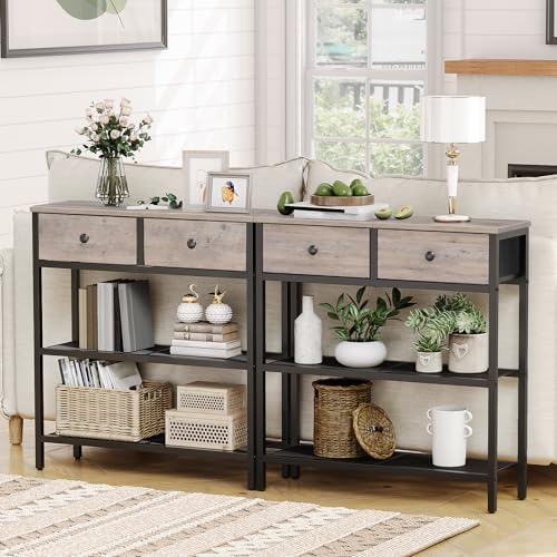 HOOBRO 29.5" Narrow Console Table with 2 Fabric Drawers, Sofa Table, Small Entryway Table with 3-Tier Storage Shelves, Behind Couch Table, for Living Room, Hallway, Greige and Black BG72XG01
