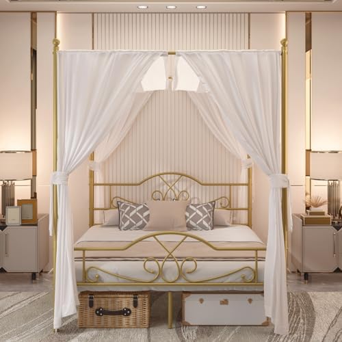 Queen Canopy Bed Frame with 4 Posters, Queen Size Bed for Girls Adults