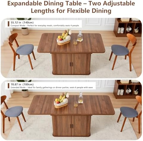 weselon 55"-71" Extendable Dining Table with Storage, Expandable Kitchen Table for 4-6, Space Saving Dining Room Table with Hidden Storage Cabinet, Adjustable Shelves & Fluted Base (Walnut)