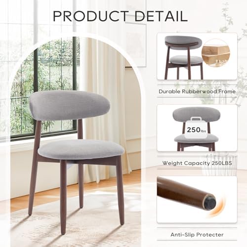 COLAMY Wooden Dining Chairs Set of 2, Modern Fabric Upholstered Dining Room Chair, Farmhouse Kitchen Chairs with Foot Pegs, Light Grey