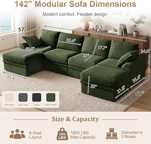 142" Upgraded Boneless Couch with Storage, Modular Sectional Couches for Living Room, Oversized Deep Seat 6-Seat U Shaped Cloud Sofa with Ottoman & Pillows,Corduroy,No Assembly (Green)