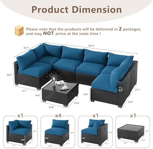 LOUVIXA 7 Piece Outdoor Patio Furniture Set, Outdoor Sectional Sofa, Wicker Rattan Patio Furniture, Patio Conversation Set with Coffee Table & Cushions