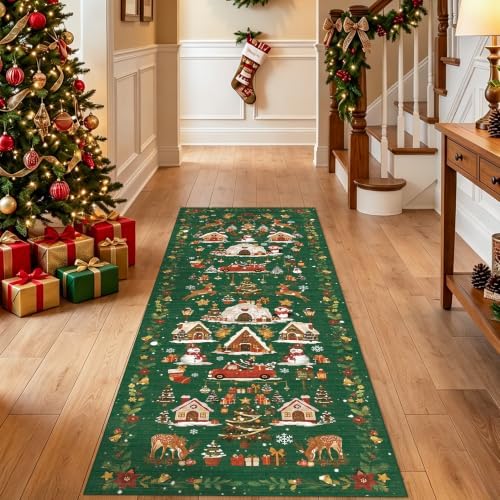 Washable Christmas Rug Runner 2x6 - Xmas Snowflake Green Rug for Kitchen Entryway Non Slip Farmhouse Low Pile Carpet for Laundry Bedroom Bathroom Stain Resistant Floor Mat Pet-Friendly Rug（2x6，Green）