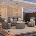 Luxury Patio Furniture Set with Fire Pit Table-4 Pieces High Back Wicker Swivel Rocker Chairs with 6" Extra Thick Cushions, Outdoor Patio Conversation Sets for Porch Deck Backyard(Brown/Grey)