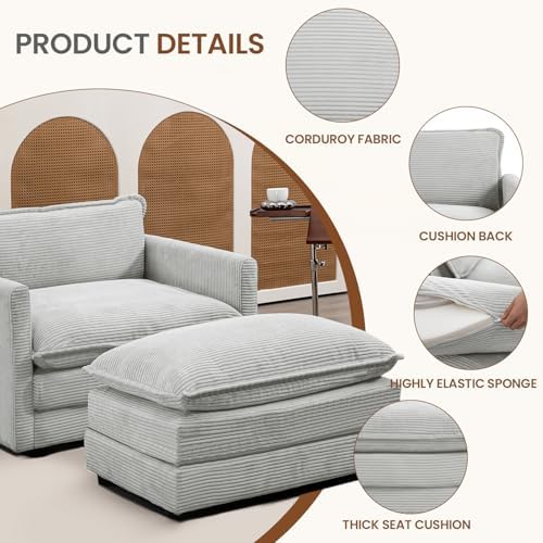 ROWHY 41'' Single Armchair with Ottoman, Modern Corduroy Cloud Couch with Convertible Chaise, Upholstered Sofa Set for Living Room, Light Grey