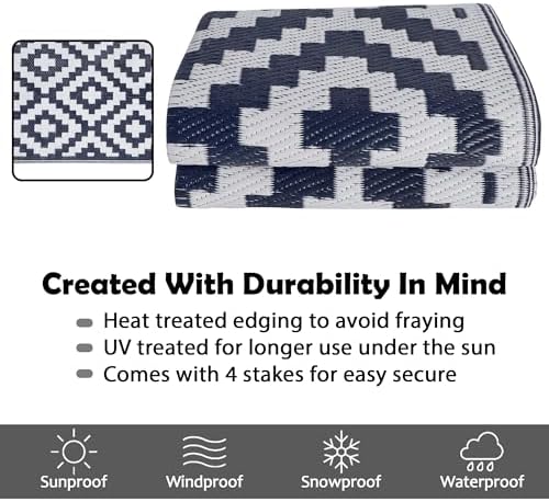 SAND MINE Reversible Mats, Plastic Straw Rug, Modern Area Rug, Large Floor Mat and Rug for Outdoors, RV, Patio, Backyard, Deck, Picnic, Beach, Trailer, Camping, Dark Blue & White, 5' x 8'