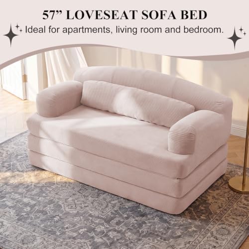 57” Convertible Sleeper Sofa Bed, Boneless Couch, Pink