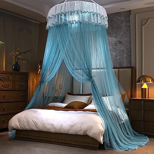 Kertnic Mosquito Net Bed Canopy for Girls, Princess Canopy Bed Curtain Fine Sheer Mesh Dome Bed Canopies, Girls & Adults Lace Tent for Twin Full Queen King Bed (Lake Blue)
