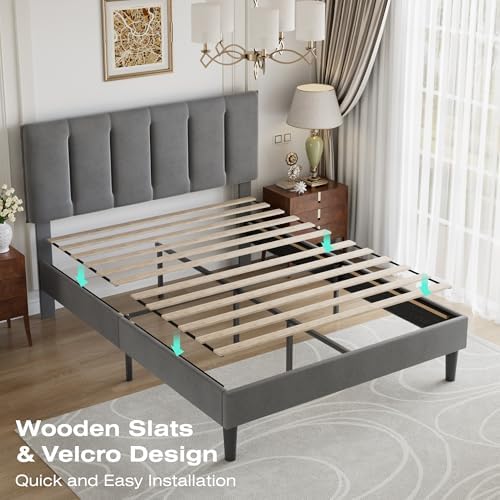 VECELO Queen Size Bed Frame with Upholstered Headboard, Dark Grey