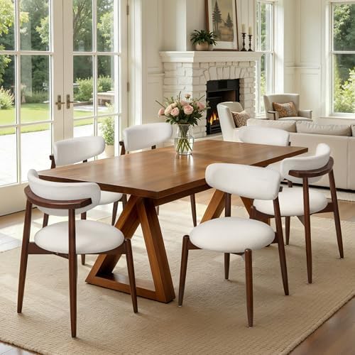 CHUN YI Dining Chairs Set of 6, Wooden Dining Room Chairs with Ergonomic Curved Back, Upholstered Mid Century Modern Kitchen Chairs, Cream