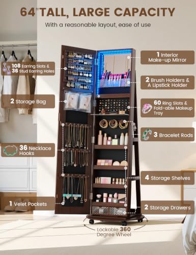 Full Length Jewelry Armoire with LED Mirror 360 Rotating Brown | Full Length LED Mirror, 3-color Light, 360 Rotating Base, Jewelry Storage, Makeup Tray, Shelves, Drawers