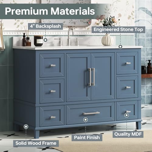 48 Inch Fully Assembled Bathroom Vanity with Sink, Modern Solid Wood Vanity with Soft Closing Doors & Dovetail Drawers, 48 Inch Vanity with Sink, Engineered Stone Top, Steel Blue