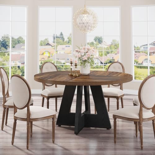 Tribesigns 47 inch Round Dining Table Wood Kitchen Table for Dining Room, 47" Dinner Room Tables for 4-6, Farmhouse Accent Furniture with Wooden Tabletop and Cross Base, Rustic+Black