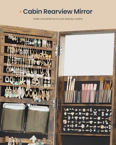 SONGMICS HOME Standing Jewelry Cabinet, Full Length Mirror with Storage | Swivel Jewelry Armoire, Lockable Rotating Organizer, Rear Storage Shelves, Bedroom Organization, Rustic Brown UJJC006X01SH