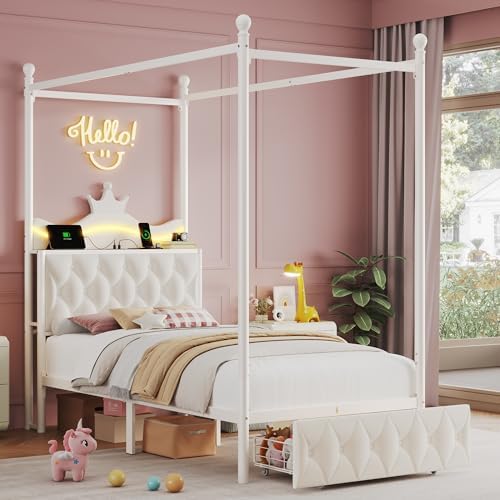 Keyluv Twin Size Upholstered LED Canopy Bed Frame with Charging Station and Drawer, Button Tufted Crown Headboard with Storage Shelf, Two-Purpose Removable Four Poster Design Platform Bed, Beige