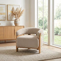 Merax 28.7'' Mid-Century Modern Boucle Accent Chair with Solid Wood Frame, Curved Arm Barrel Chair Upholstered Boucle Fabric Lounge Chair for Living Room, Bedroom & Office, Light Taupe + Natural