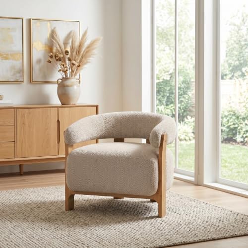 Merax 28.7'' Mid-Century Modern Boucle Accent Chair with Solid Wood Frame, Curved Arm Barrel Chair Upholstered Boucle Fabric Lounge Chair for Living Room, Bedroom & Office, Light Taupe + Natural