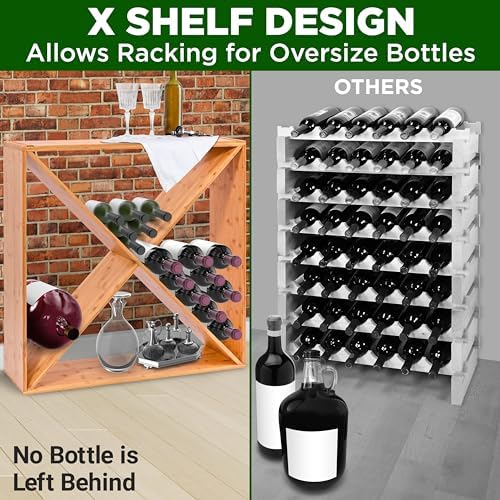 Nutrichef X Self Oversize Stackable Modular Wine Rack, Fits Up to 84 Standard Size Bottles Compatible and Stackable w/All Wine Racks - Bamboo Construction with Anti Moisture Protective Finish