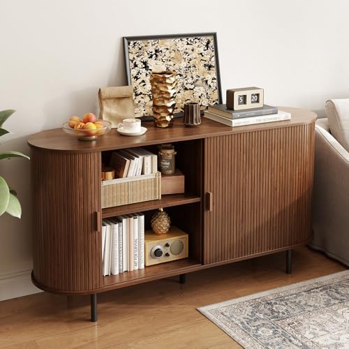 ONBRILL 55" Sideboard Buffet Cabinet, Sliding Door/Adjustable Shelf, Walnut