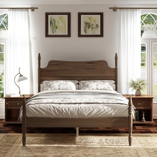 Vintage Wood Queen Bed Frame, Traditional Spindle Platform Bed with Tall Headboard, Walnut Antique Style 4-Poster Design, Under Bed Storage, No Box Spring Needed (Walnut, Queen)