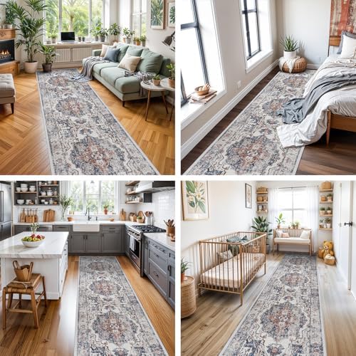 Hallway Washable Runner Rug - 2x10 Kitchen Rugs Entryway Rug Runner Vintage Soft Floor Mat Non Slip Indoor Farmhouse Carpet for Bathroom Living Room Bedroom (2 X 10, Brick)