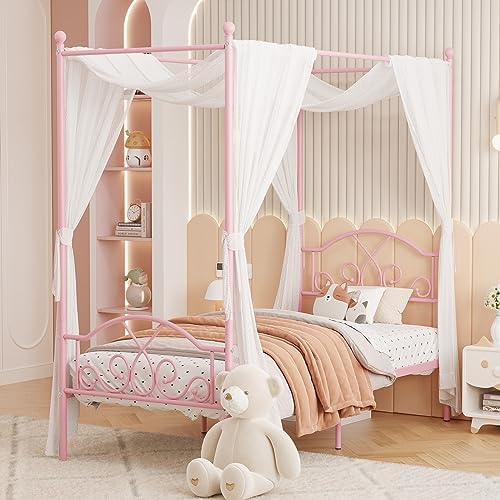 Twin Princess Canopy Bed Frame with 4 Posters, Twin Size Bed for Kids Girls