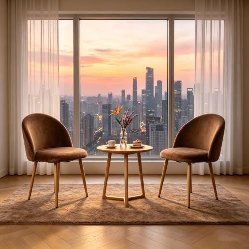 Big Dining Room Chairs Set of 2, Velvet Modern Kitchen Chairs with Metal Legs & Ergonomic Curved Backrest, Mid-Century Side Chairs Accent Chairs for Living Room, Apartment, Home Bar, Brown