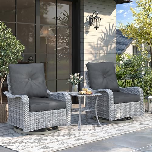 2-Seat Modern Patio Furniture Set with Swivel Rocking Chairs, Thick 4″ Cushions, Dual-Strand Wicker Rattan, Rust-Resistant Steel Frame – Outdoor Conversation & Modular Sectional,Black