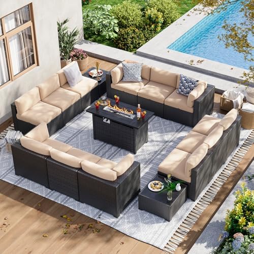 Aoxun 15 Piece Patio Furniture Set with 44” Fire Pit Table Wicker Rattan Patio Sectional Sofa Set Outdoor Seating Furniture with Thickened Cushion, Beige