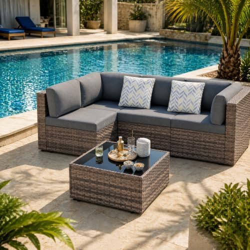 SUNLEI 8 PCS Patio Furniture Set with 45" 50000BTU Gas Propane Fire Pit Table, All Weather PE Wicker Rattan Patio Conversation Sofa with Coffee Table (Brown Rattan Grey, 5 Pcs)