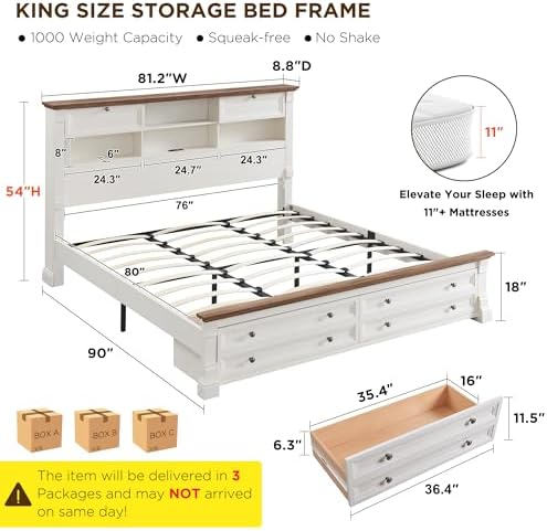 Farmhouse King Size Bed Frame with 2 Drawers & 4 Bookcases On The Headboard