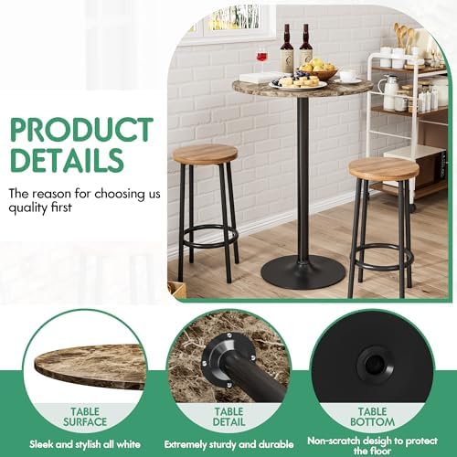Shahoo Round Bar Table, Cocktail Table with Metal Base & MDF Top, Counter Height Pub Table for Dining Room, Living Room, Kitchen, Bar, Pub, Cafe, Faux Marble