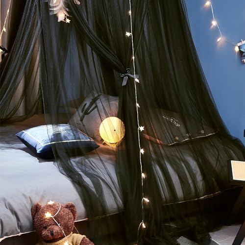 Kertnic Dreamy Bed Canopy for Girls, Princess Canopy Curtains Double Layer Sheer Mesh, Adults Canopies Netting Room Decor Tent Mosquito Net for Queen King Bed (Double Layer-Black)