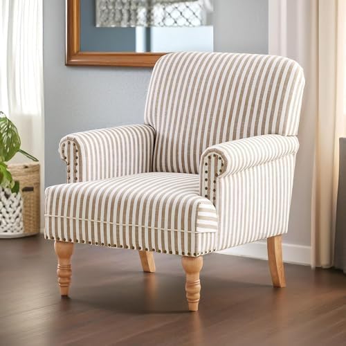 HUIMO Linen Fabric Accent Chair, Mid-Century Modern Armchair with Solid Wood Legs, Single Sofa Chair,Upholstered Reading Club Chair (1, Brown and White Stripe)
