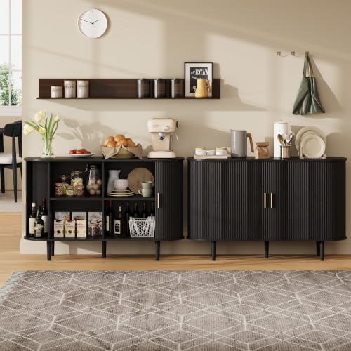 47.2" Sideboard Buffet Cabinet with Sliding Door,Fluted Cabinet with Storage & 2 Adjustable Shelfs,Mid Century Modern Coffee Bar Console Table for Kitchen, Living Room, Entryway，Black