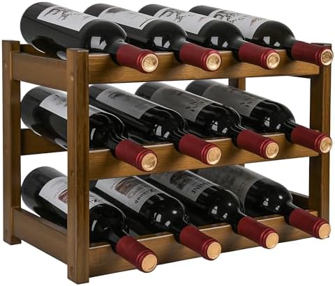 VASMIA Bamboo Wine Rack, Sturdy and Durable Wine Storage Cabinet Shelf, Wine Racks Countertop for Pantry,Kitchen,3-Tier 12 Bottles Wine Rack, Walnut