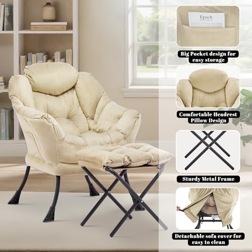 Lazy Chair with Ottoman, Comfy Reading Chair, Khaki