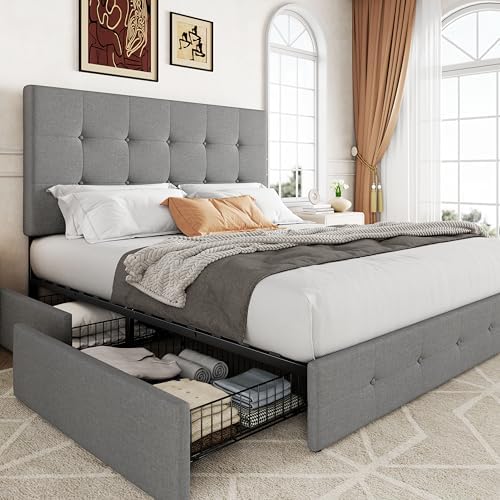 Allewie Queen Size Storage Bed Frame with 4 Underbed Drawers, Upholstered Platform Bed with Adjustable Headboard, Square Button Tufted, Easy Assembly, Noise-Free, No Box Spring Needed, Light Grey