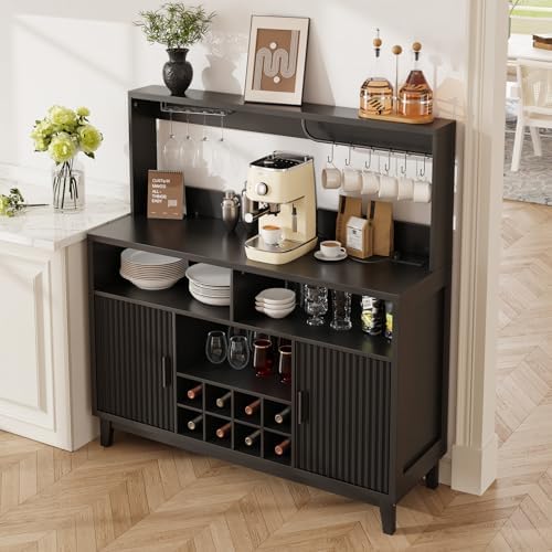 Fluted Coffee Bar Cabinet with Charging Station, 47.2" W Liquor Cabinet