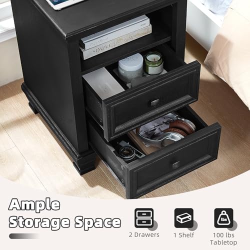 SAVOR LIFE Farmhouse Nightstand Set of 2 with Charging Station, Black